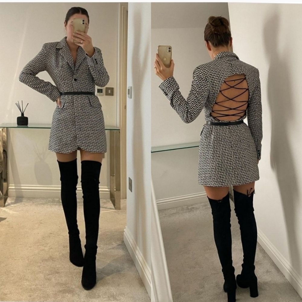NWT Zara Houndstooth Textured Tweed Blazer Dress Cut Out Size XS S